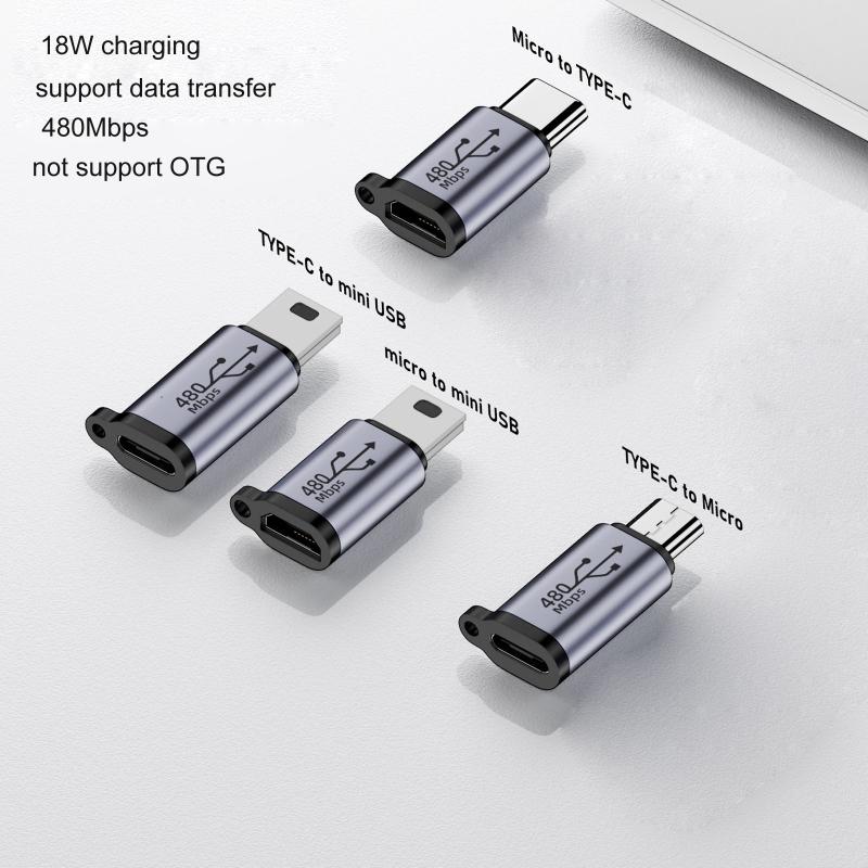 USB Type C na Mini USB MicroUSB Adaptér Micro USB na TypeC Mini USB Převodník Konektor Podpora Nabíjení Synchronizace Dat 480Mbps 18W