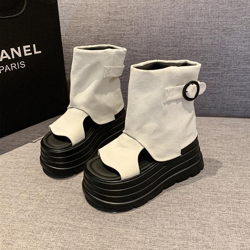 Fashion Summer Gladiator High top Sandals 8 cm Wedge Heel New 2025 Designers Women Denim Canvas Flip Flop High Platform Casual Sandals