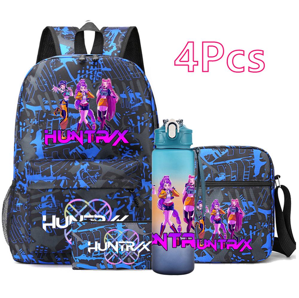 4Pcs/set Anime K-Pop Demon Hunters Printed Backpack Bookbag Shoulder Bag Case Bag with 750Ml Water Bottler for Boy Girl Large Capacity Schoolbag