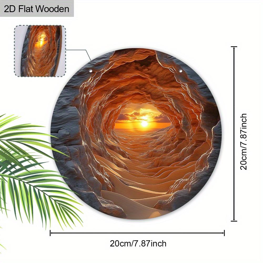 5pcs Wooden Wall Art Decor, 7.87" Round Plaque with Cave Sunrise Scene - Classic Style, Multipurpose Wall Hanging - No Electricity Required, Ideal for