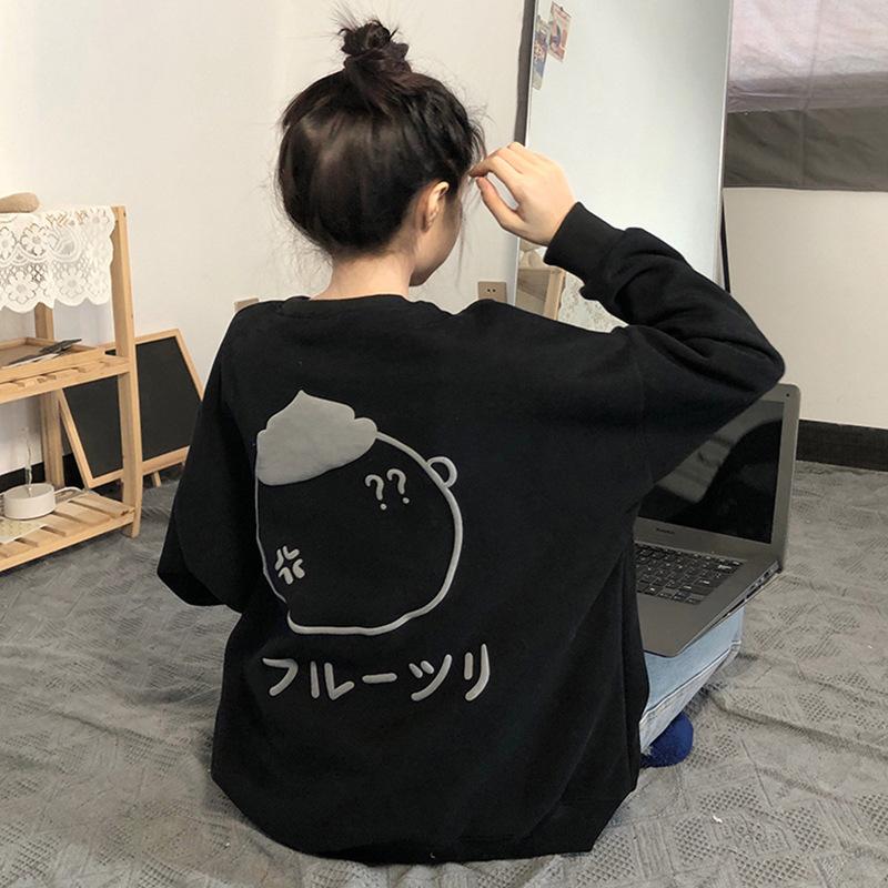 Japanese cartoon printing fleece thickened crew neck sweater jacket new loose warm in autumn and winter
