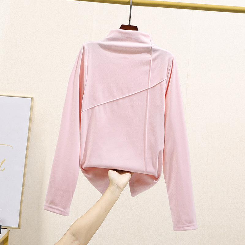 

2024 г. Узкая бархатная футболка с длинным рукавом в западном стиле для женщин — мода осень/зима, полувысокий воротник, студенческий стиль 3XL розовый