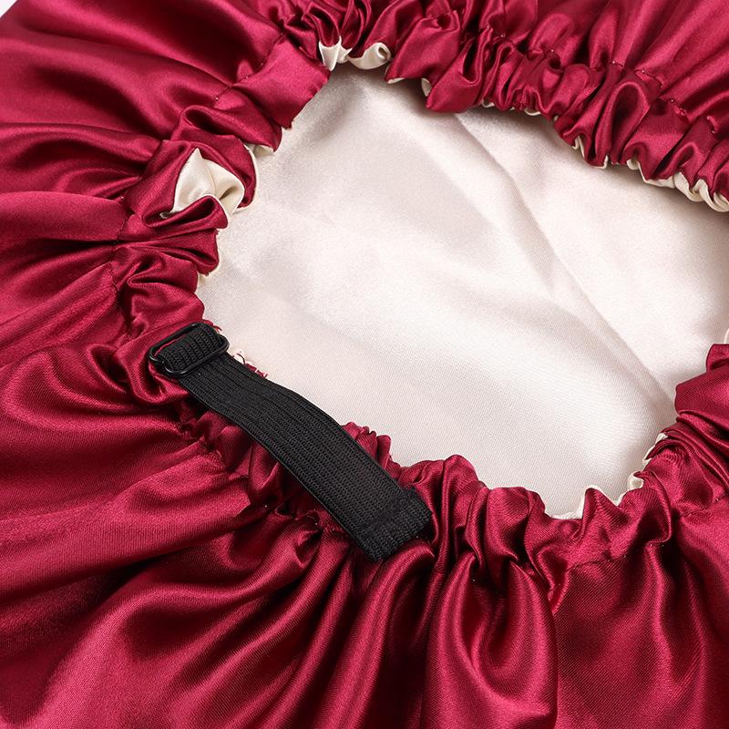 Dual-Layer Satin Sleep Cap with Adjustable Buckle, Reversible Solid Color Design - Elastic European/American Shower Cap