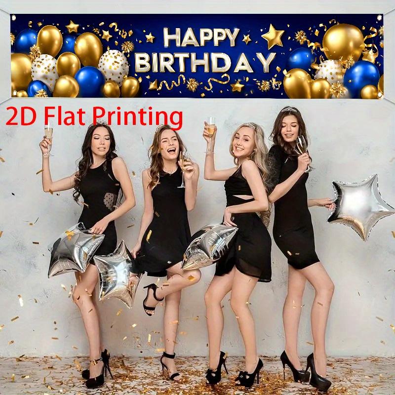 Happy Birthday Fence Banner, Blue Golden & White Balloons Stars Confetti Design, Polyester Outdoor Garden Garage Studio Decoration