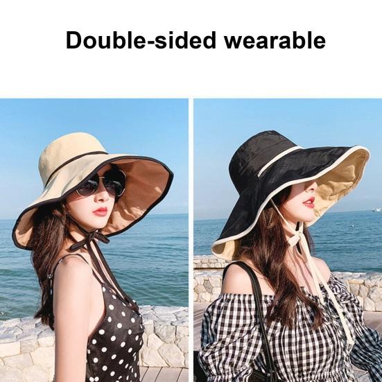 Summer Women Fisherman Hat Big Brim Windproof Fixed Strap Double-sided Wear Sun Protection Anti-UV Breathable Portable Camping Beach Travek