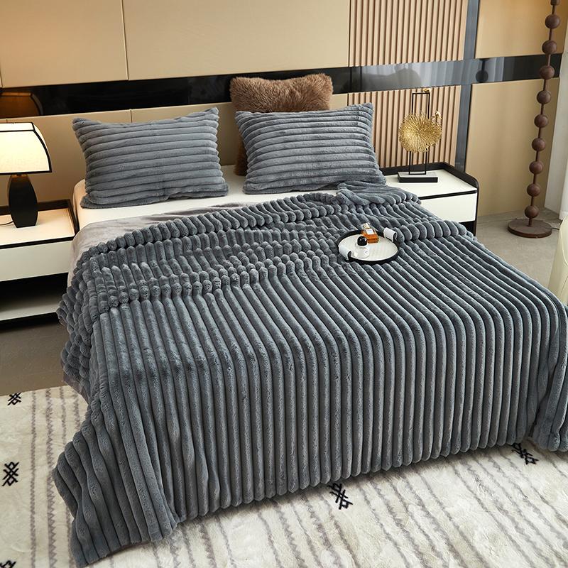 Solid Colour Three-dimensional Stripes Drawstring Rabbit Hair Cover Blanket Winter Soft Warm Double Layer Thickening Cover Blanket