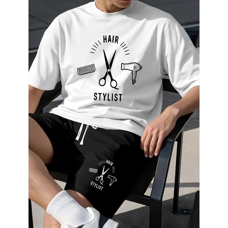 European Size Men's Summer T-Shirt  , Barber Pattern Element Versatile  Outfit, Casual Short Sleeve Top, Trendy Leisure Sportswear