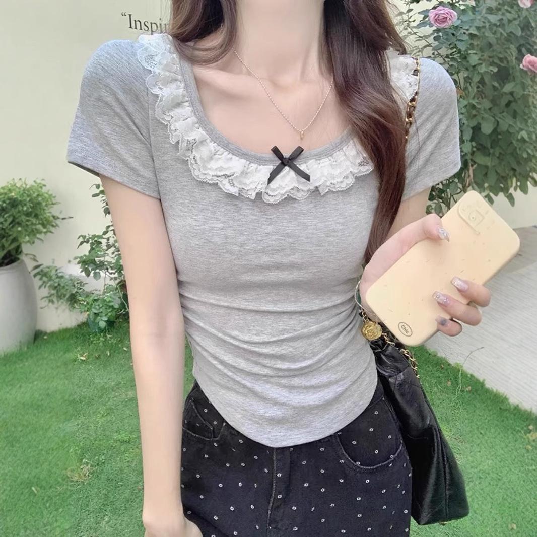 

Lace Trim Patchwork Short Sleeve Women s Slim Korean Style Petite Summer Top XL серый