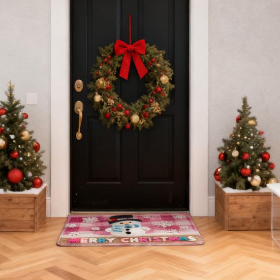 Christmas Floor Mat 3D Effect Pattern Doormat Santa Welcome Mat Non-Slip Xmas Tree Snowman Floor Rug for Entryway Porch