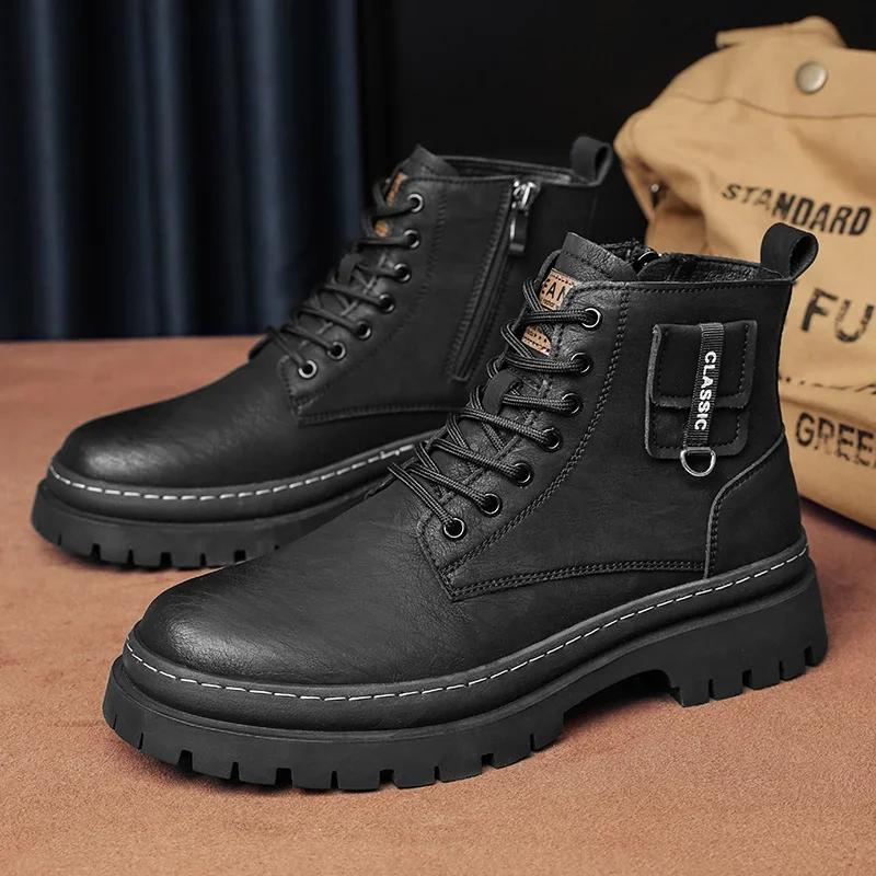 Luxury Men Round Toe Flat Designer Ankle Boots British Casual Leather High-top Boots High Quality 2024 New Outdoor Oxford Boots