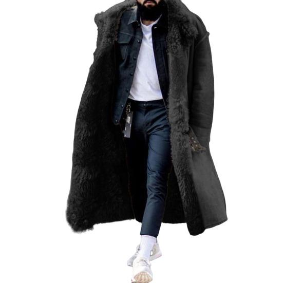 Men Winter Overcoat Faux Fur Thicken Long Sleeves Pockets Solid Color Warm Midi Length Plus Size Buttons Outdoor Coat for Camping