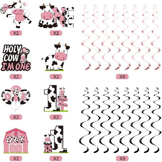 Holy Cow Im One Birthday Decorations Hanging Swirl for Baby Girl, Pink Cow First Birthday Foil Swirls Party Supplies, Baby 1st Bday Cow Theme Ceiling