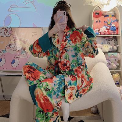 Gorgeous Flower Spring and Summer Updated Womens Sexy Ice Silk Two-piece Pajamas Thin High-end Ice Silk