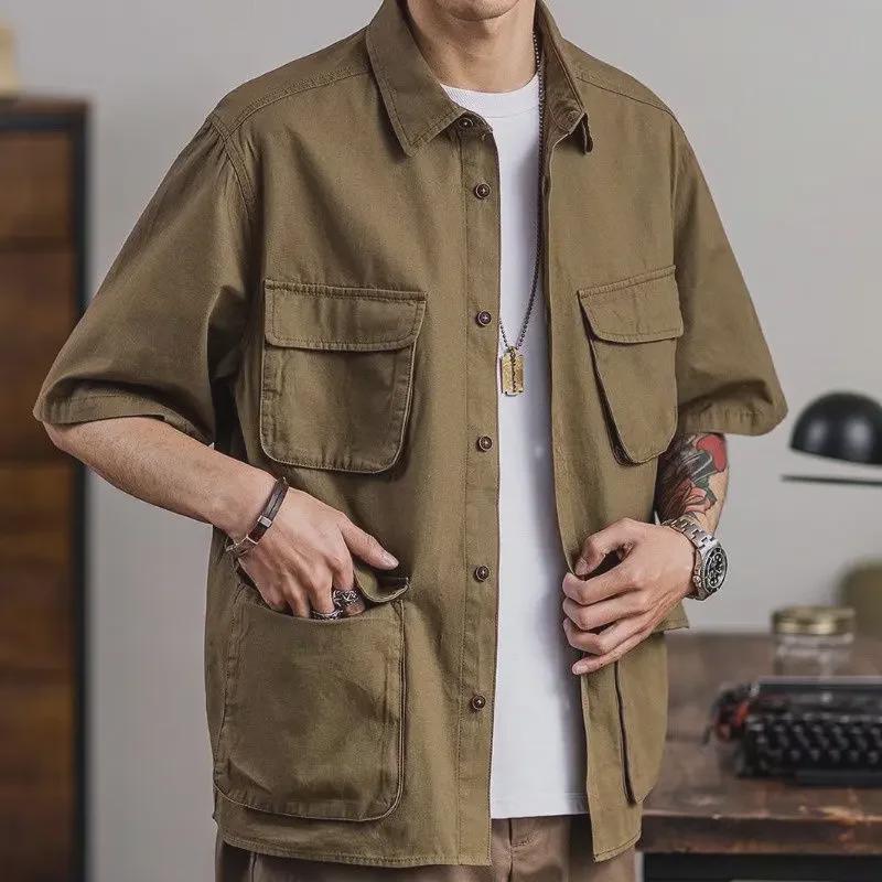Khaki Short-Sleeve Retro Work Shirt with Multiple Pockets - Trendy Men's Summer Wear