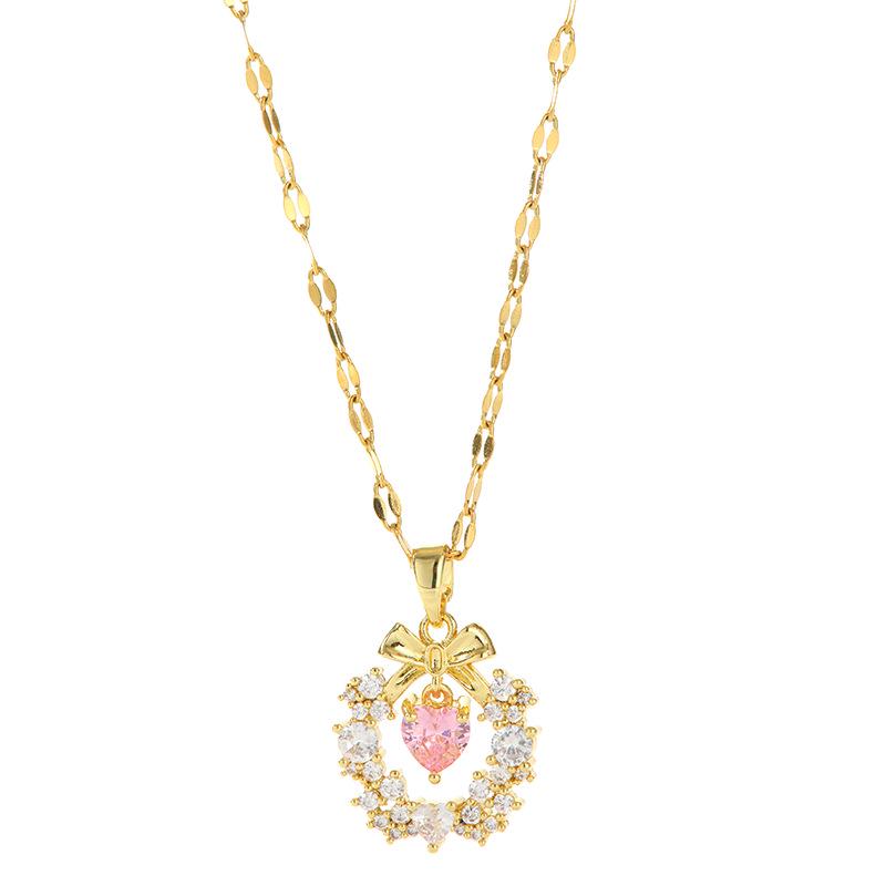 Women's Japanese and Korean Christmas Bow Wreath Necklace with Pink Diamond Heart On Titanium Steel Chain