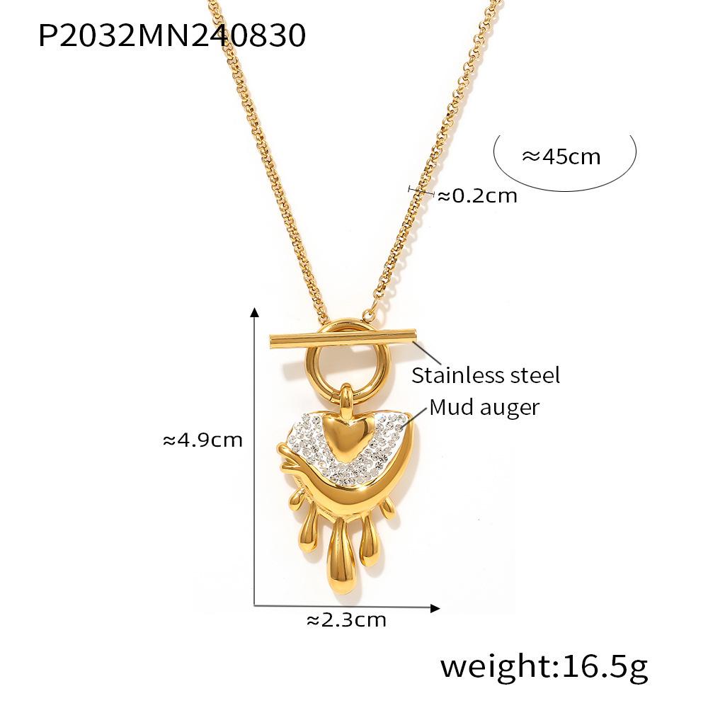 Rhinestone Heart Pendant Necklace, Chic Light Luxury Style, Stainless Steel OT Clasp.