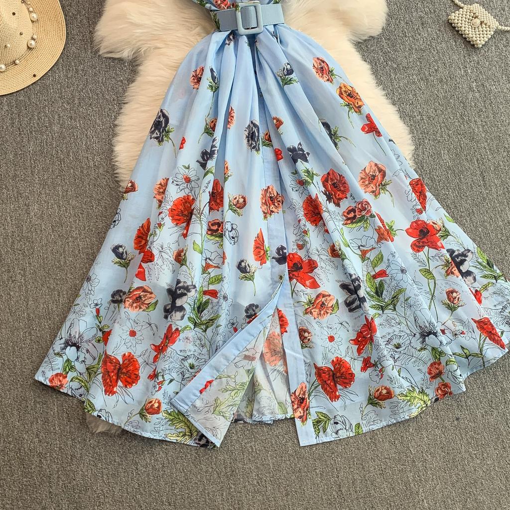 Summer Women Elegant Turn-down Collar Designer Print Long Midi Runway Party Shirt Dresses With Belt