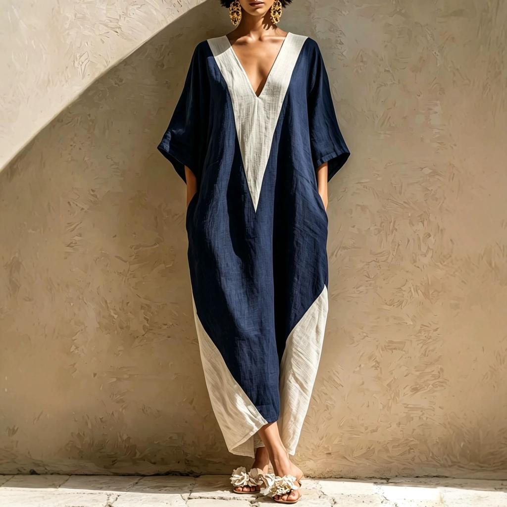 European and American summer new women's clothing medium-sleeved V-neck contrasting color loose women's long dress
