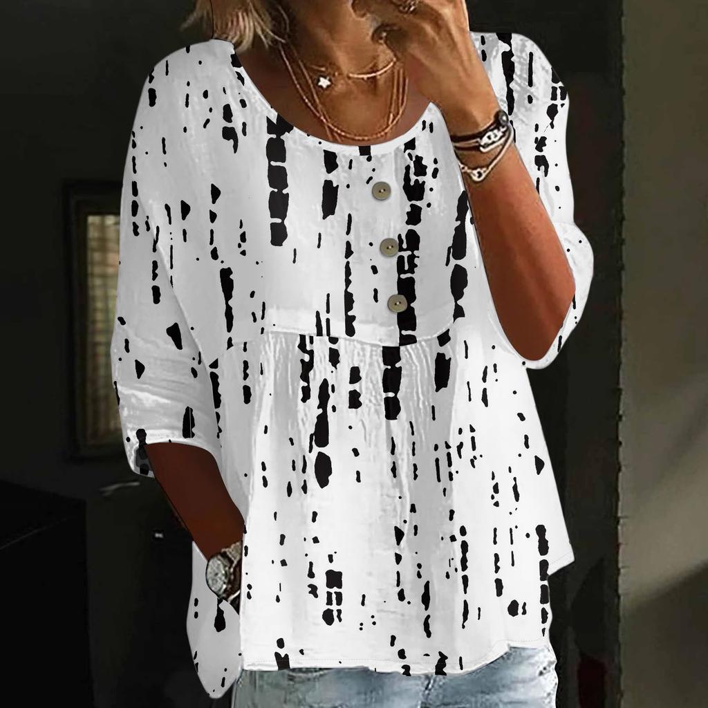 Dámská móda Ležérní tříčtvrteční rukáv Volný kulatý výstřih Knoflík Květinový potisk Top