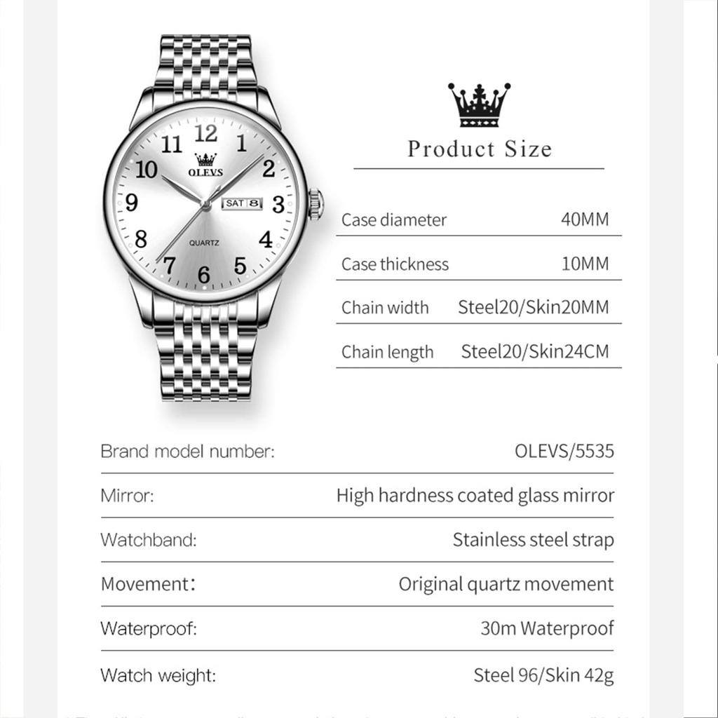OLEVS Popular Waterproof Analog Metal Band Stainless Steel Day of the Quartz Silver Large Gift Men's Watch, Fashion, Watch, Men's Watch, Watch, Men's