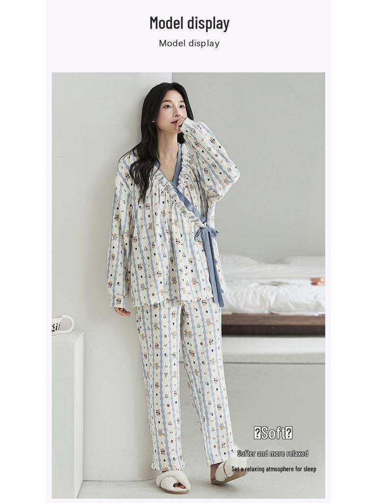 Damski kreskówkowy zestaw piżamowy z wkładkami na biust - Wiosenno-jesienna bawełna o fakturze chmury, Kardigan z długim rękawem, Cienki szlafrok, Odzież domowa i do noszenia na zewnątrz