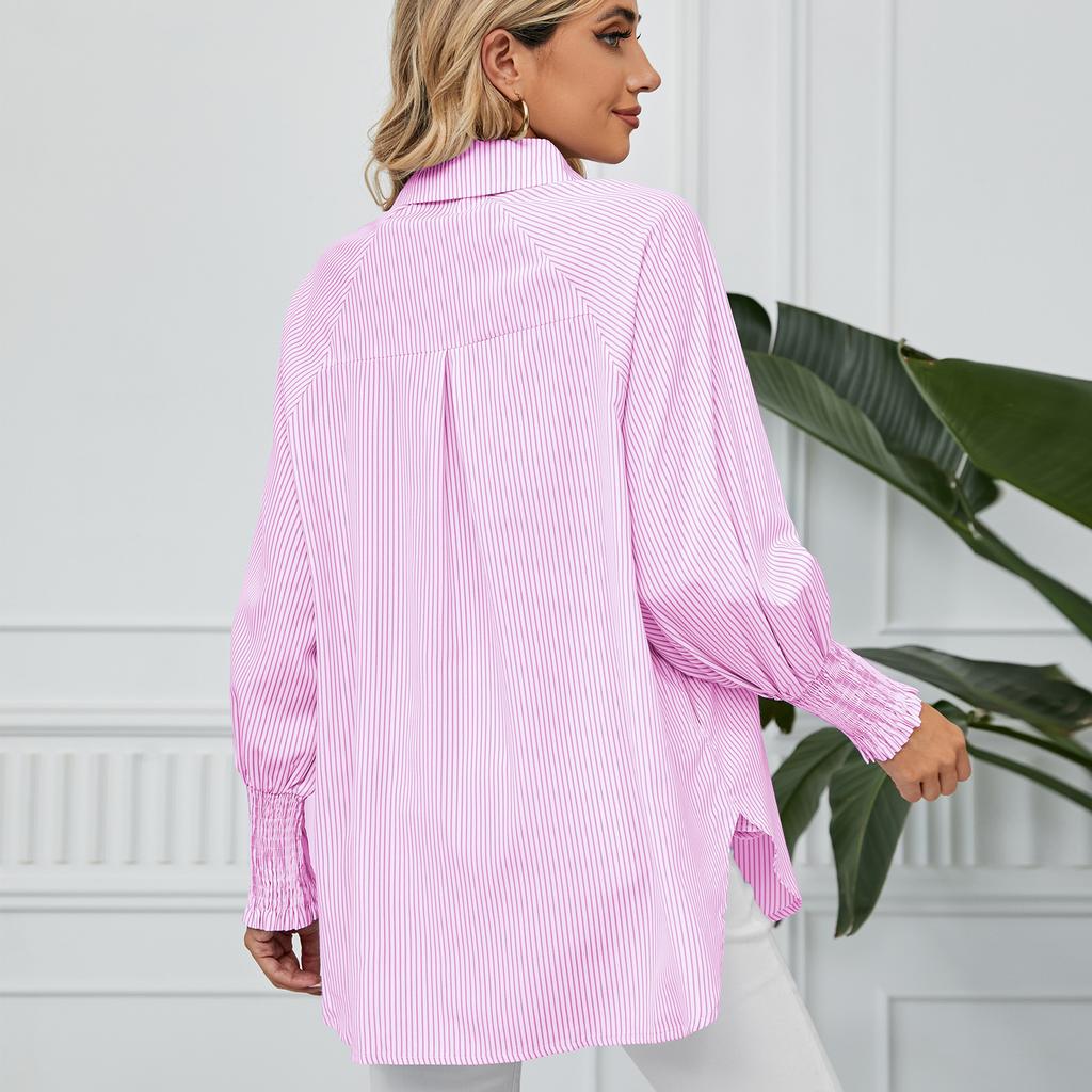 YYFS Damenmode Casual Frühling Herbst Streifendruck Langarm Polokragen Blusen & Hemden