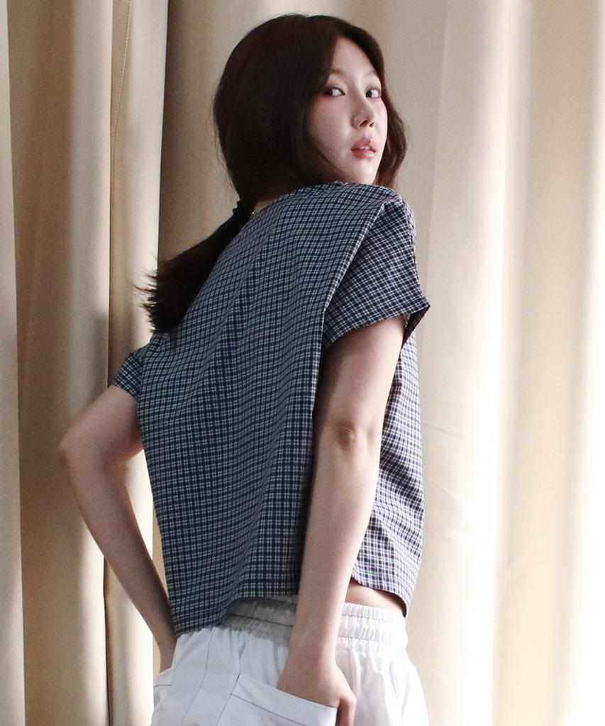 Deumakeu Checkered Mini French Short-Sleeved Shirt Blue