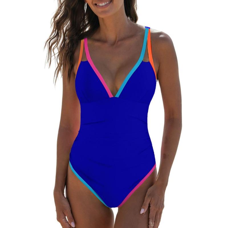 Women S Deep V Neck Sleeveless One Piece Swimsuit With Tie Side Solid Color Contrast Binding
