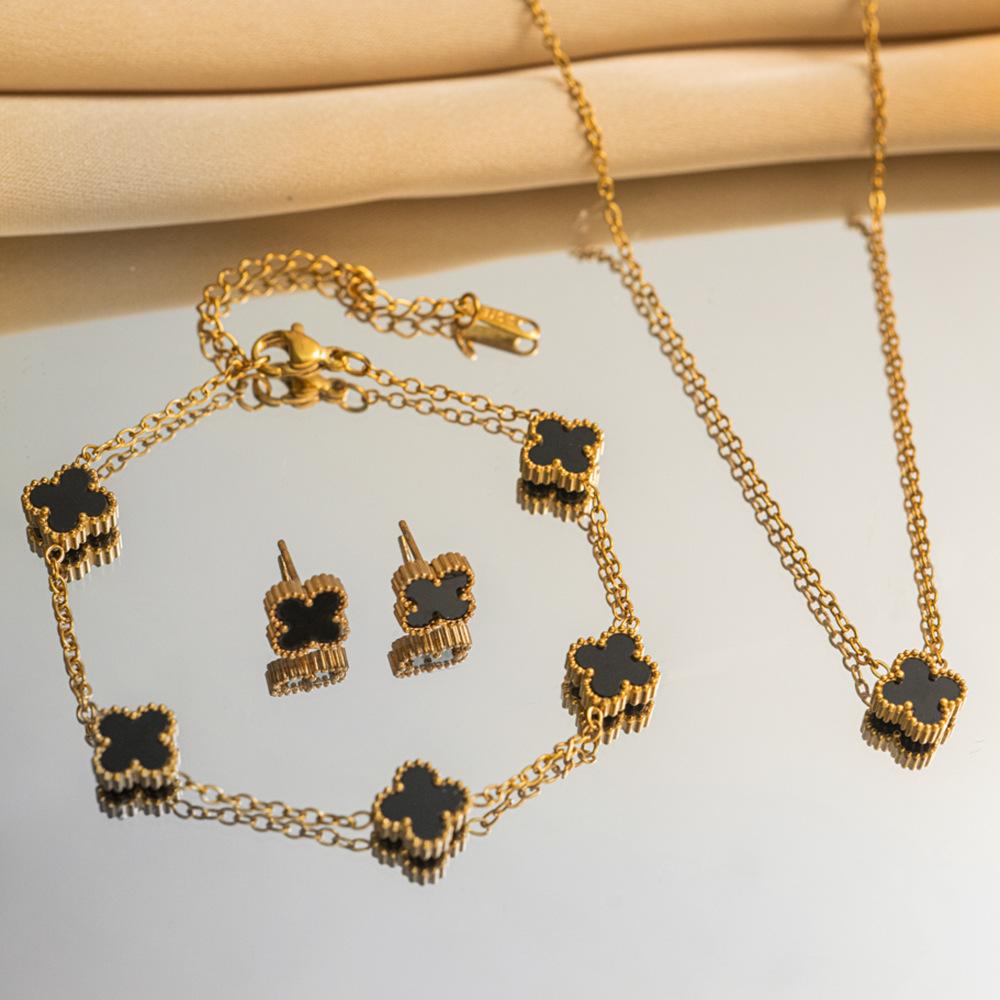 9mm Double-sided Four-Leaf Clover Necklace and Bracelet Set - Stylish Elegant and Luxurious Titanium Steel Jewelry