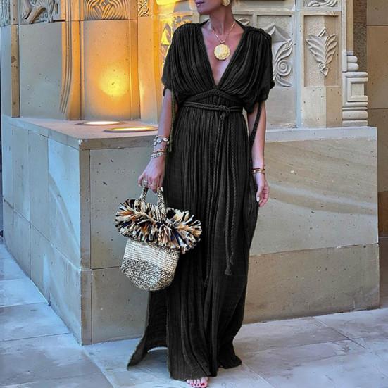Lady Beach Maxi Dress Low-cut V Neck Short Sleevs Split Hem Pleated Lace-up Twisted Rope Decor High Waist Solid Color Long Bikini Coverup