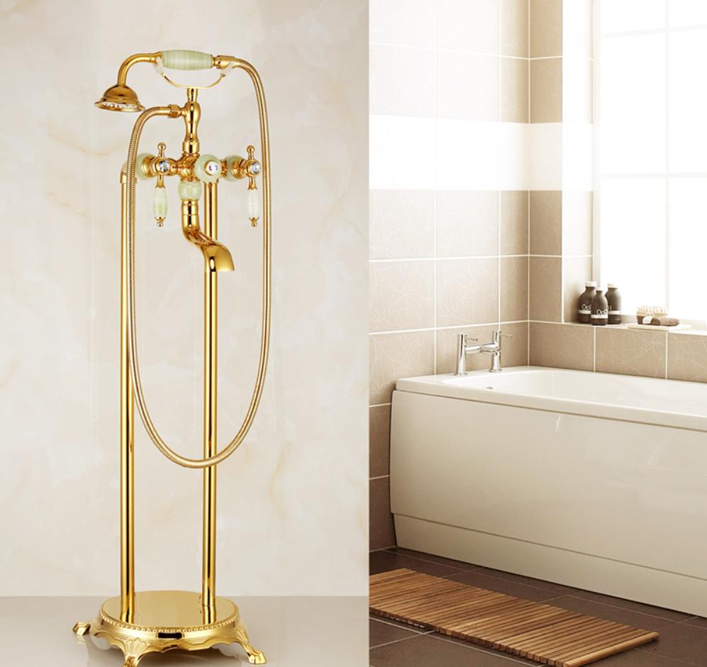 

Gold Brass Floor Stand Bathtub Shower Faucet Swivel Spout Bathroom Jade shower faucet Mixers Tap Jade Standing Bathtub Faucet