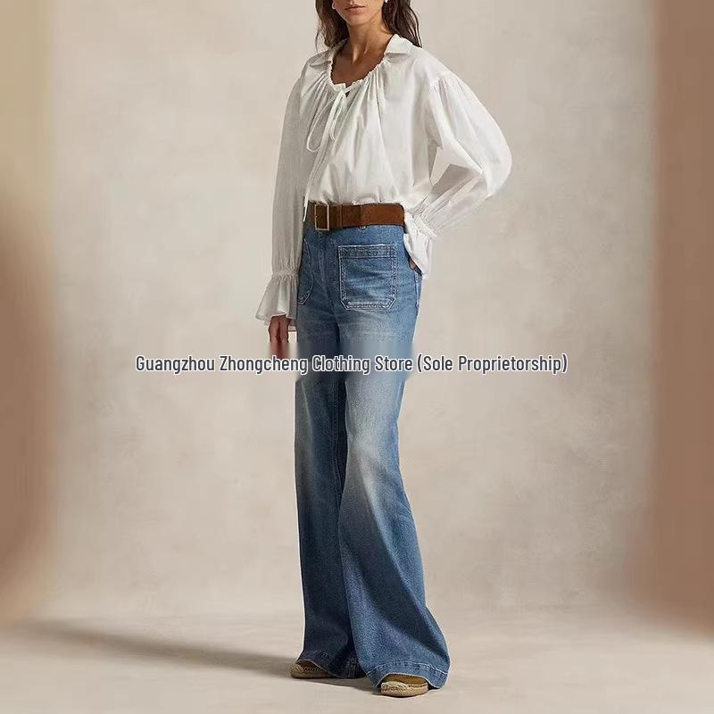 

Nanyou High-Quality Women s Wide-Leg Retro Washed Jeans with Micro-Flare 24 синий