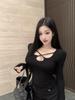 Pure Desire Black Slim-Fit Long-Sleeve T-Shirt for Women - Waist-Cinched, Figure-Hugging Cropped Top