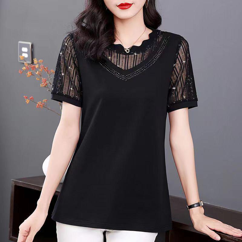 

Женская футболка больших размеров из чистого хлопка с сетчатыми вставками, с коротким рукавом - Модный топ лето 2022 6XL (180-200 lbs) чёрный