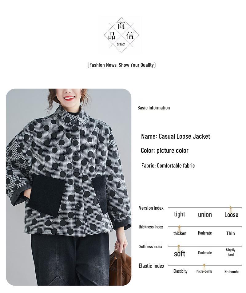 2024 Plus Size Women's Retro Argyle Short Quilted Cotton Jacket with Polka Dots