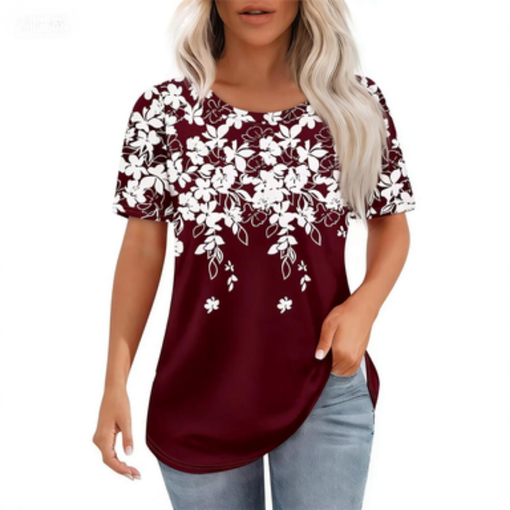 Round Neck Short-sleeved Black and White Floral Print T-shirt Women's Clothing Casual Daily Wear