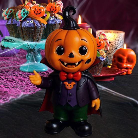 Halloween Pumpkin Kid Figurine Mini Resin Demon Pumpkin Statue Spooky Tabletop Ornament for Outdoor Indoor Home Garden Decoration