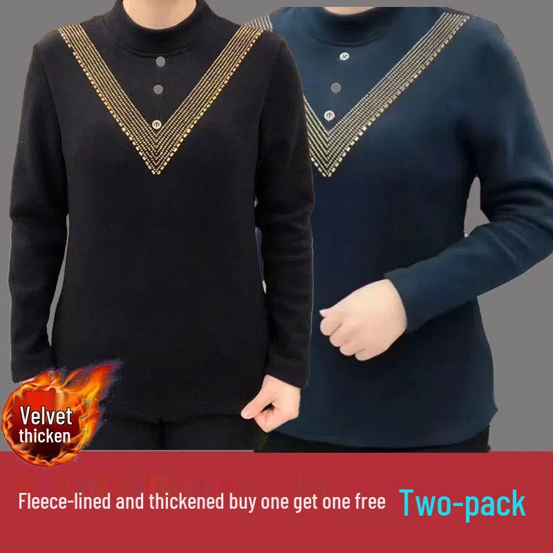 Double-Sided Threaded Velvet Rhinestone Slimming Semi-High Neck Top - Autumn/Winter Warm Base Layer