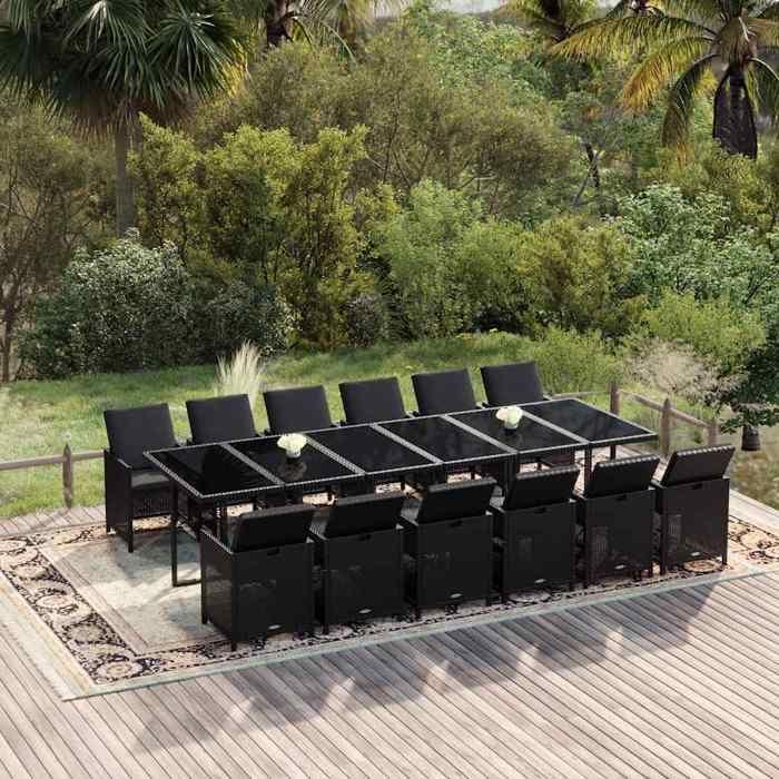 Maison Exclusive - Ensemble à manger de jardin coussins 13 pcs Résine tressée Noir