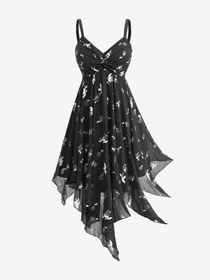 Rosegal Plus Size Gilding Floral Print Ruched Asymmetric Backless A Line Cami Dress(Adjustable Shoulder Strap)