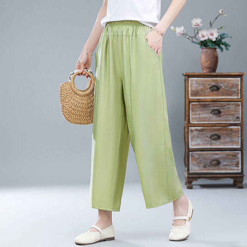 

New High-Waisted Wide-Leg Tencel Cotton Pants for Middle-Aged & Elderly Women - Casual Cropped Summer Style XL (90-110 lbs) зелёный