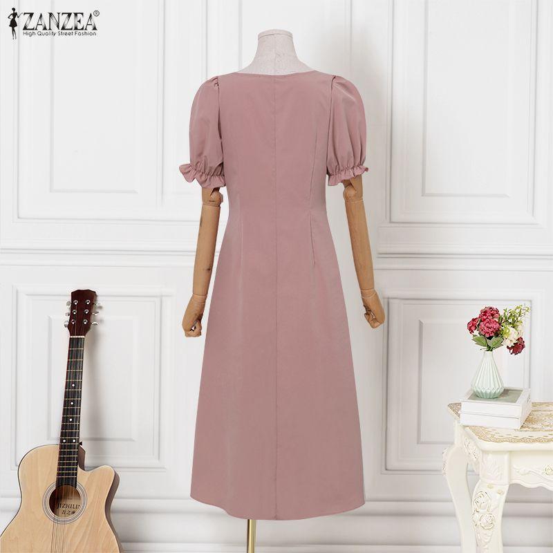 ZANZEA Women Elegant Square Collar Casual Short Sleeve Long Dress