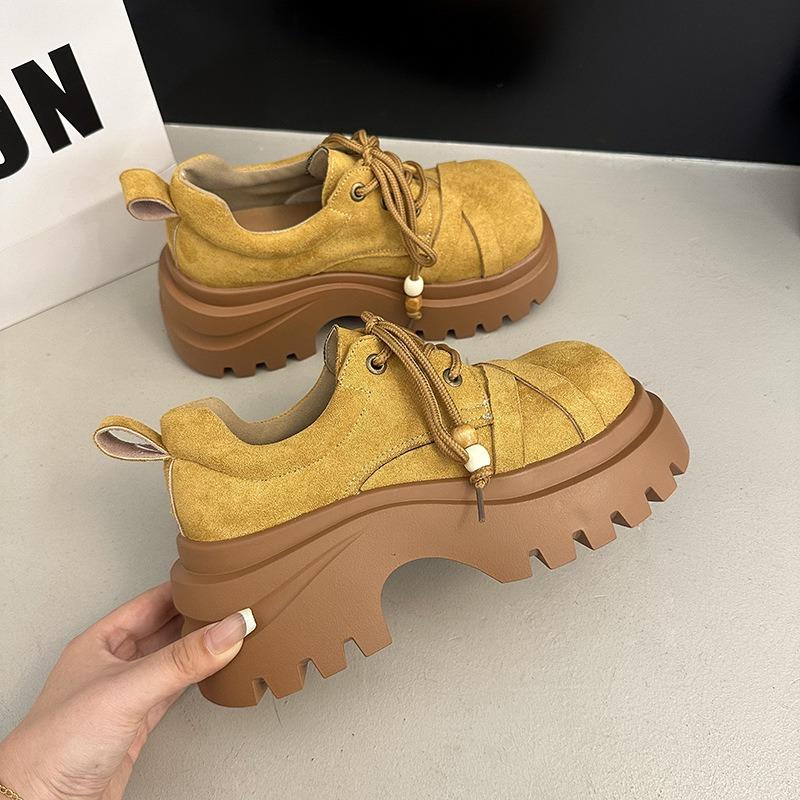 Thick-soled Heightening Big Head Lace-up Small Leather Shoes Women's Autumn New Retro Small Loafers