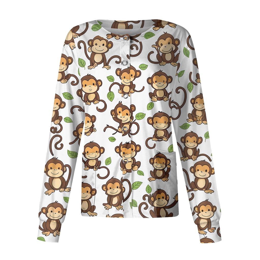 Women's Casual Long Sleeve Single Button Cardigan Animal Print Lightweight Open Front Workwear Top for Caregivers and Professionals