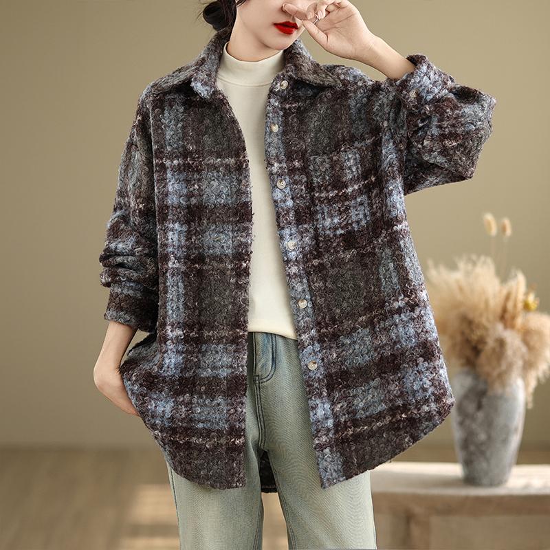 DIMANAF 2025 New Autumn Winter Plus Size Women Coats Jackets Cotton Thick Long Sleeve Loose Casual Outerwear Vintage Lady Plaid