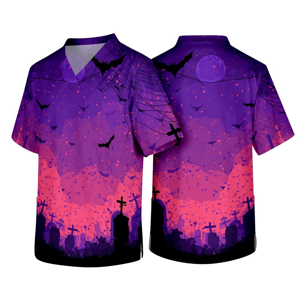 Men Short Sleeve V Neck Halloween Print Chest Pocket Scrub Top Comfortable Fit Durable Material Fun Design
