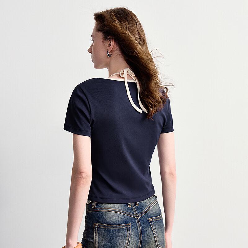 Chuyu Women's Nautical Anchor Embroidered Slim Fit Faux Two-Piece Short Sleeve T-Shirt