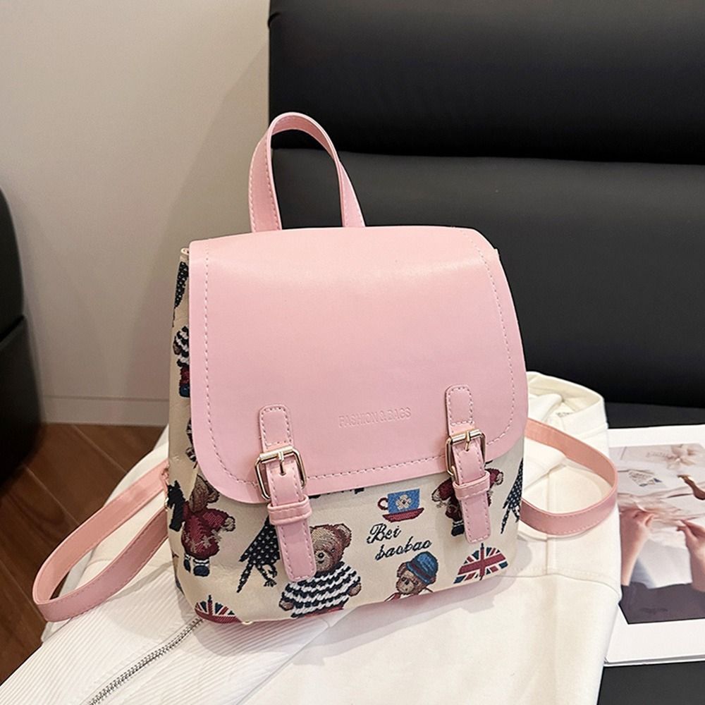 Fashion PU Leather Women's Backpack Zipper Cute Shoulder Bag Little Bear Large Capacity Travel Rucksack