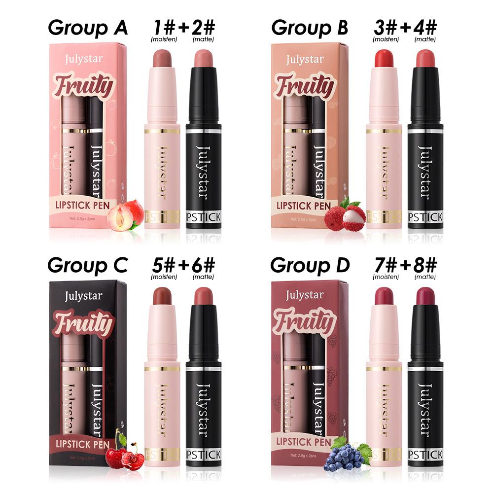 Julystar Fruity Lipstick Pen Set 2pcs*4 Moisturizing Water-Gloss and Velvet Matte Lipstick Waterproof Long-Lasting Dual Finish Lip Makeup Cosmetics