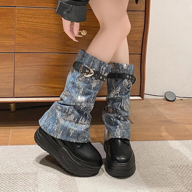 

Блестящие женские сапоги до середины икры, зимние, два способа носки, кожаные, на плоской подошве, на платформе, 2025, новый тренд, модные зимние ботильоны Mujer 42